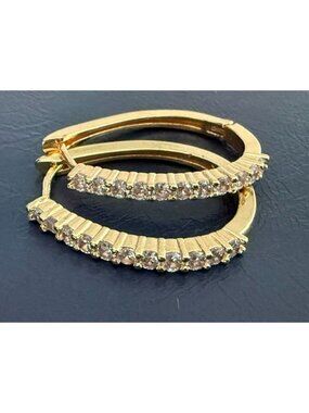 Yellow Gold Filled Huggie Hoop Earrings with Round CZ Crystals Oval Clear Stones